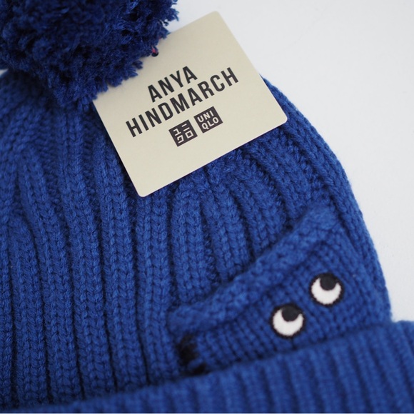 Anya Hindmarch original logo eyes pocket Uniqlo knitted heattech beanie blue main image 8